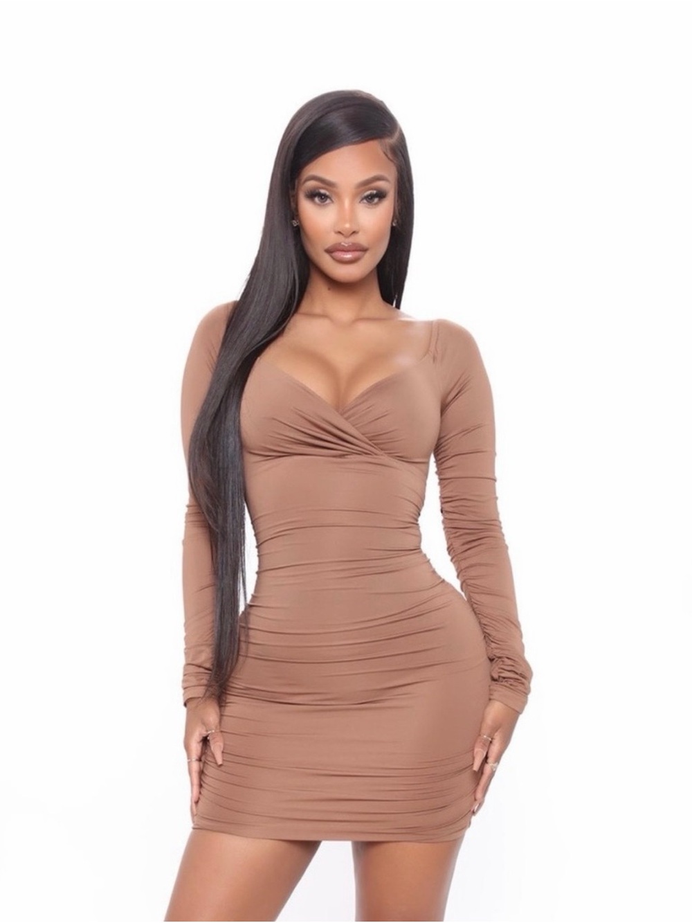 Fashion Nova Ruched Long-Sleeve Mini Dress in Brown